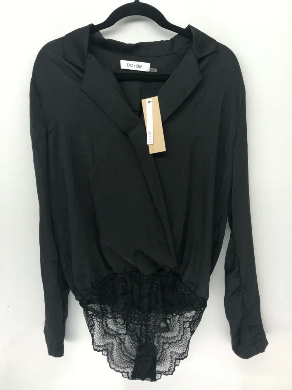 DO+BE Black Lace-Trim Surplice Long-Sleeve Bodysuit